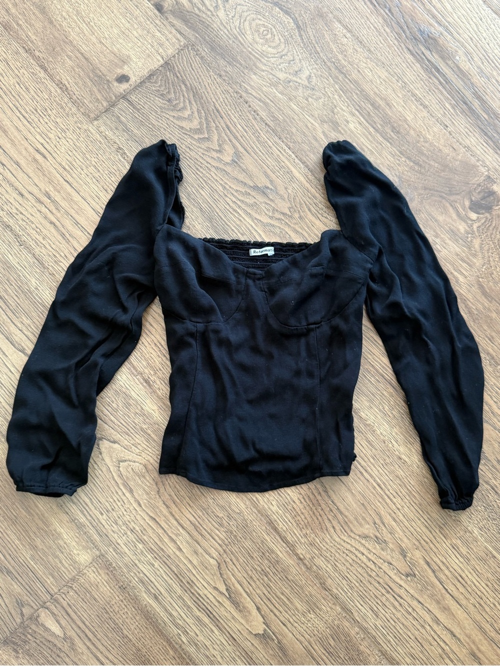 Reformation Black Puff-Sleeve Sweetheart Blouse